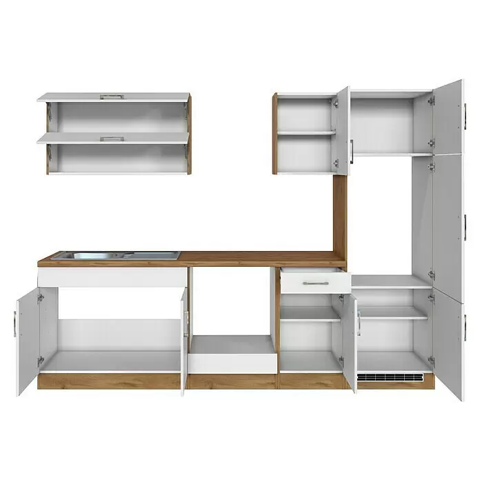 Held Möbel Küchenleerblock Barolo Typ 3 - Breite: 270 cm, Weiß, Farbe Korpus: Wotaneiche, Ohne Elektrogeräte - Modulare Küchenzeile in Weiß und Holzoptik mit offenen Schränken, Schubladen und Spülbecken.