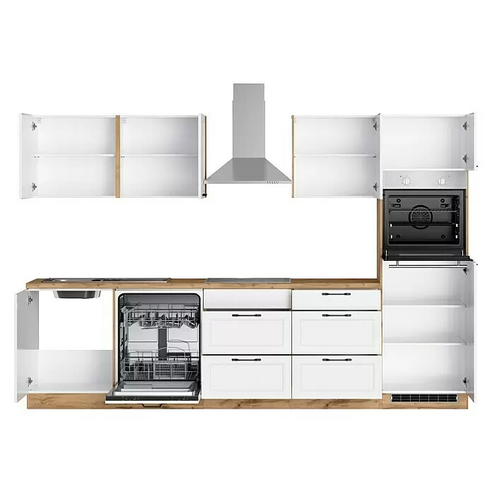 Held Möbel Küchenzeile Padua Typ 1 - Breite: 300 cm, Weiß, Induktionskochfeld, Mit Elektrogeräten - Weiße Küche mit hellen Holzakzenten, inklusive integriertem Geschirrspüler, Backofen, Spüle und Dunstabzugshaube.