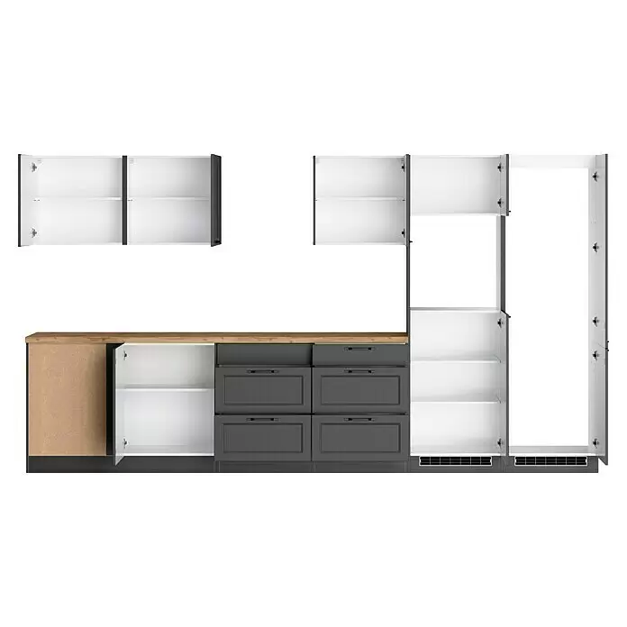 Held Möbel Küchenleerblock Padua Typ 1 - 240 x 360 cm, Grau, Ohne Elektrogeräte - Modulares Küchenschrank-Set mit offenen weißen Ober- und Unterschränken, grauen Schubladen mit schwarzen Griffen und heller Holz-Arbeitsplatte.