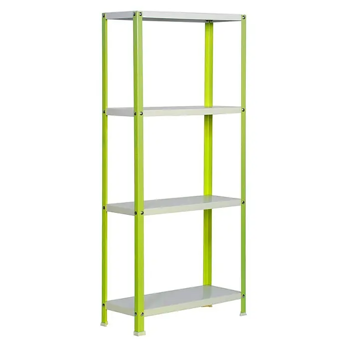 Simonrack Simonhome Estantería metálica Homeclassic Color Plus - Al x An x Pr: 160 x 100 x 30 cm, Capacidad de carga por balda: 100 kg, Número de baldas: 4 ud., Atornillado, Verde - Imagen de una estantería plateada con cuatro estantes y estructura verde. Ideal para orden y almacenamiento.