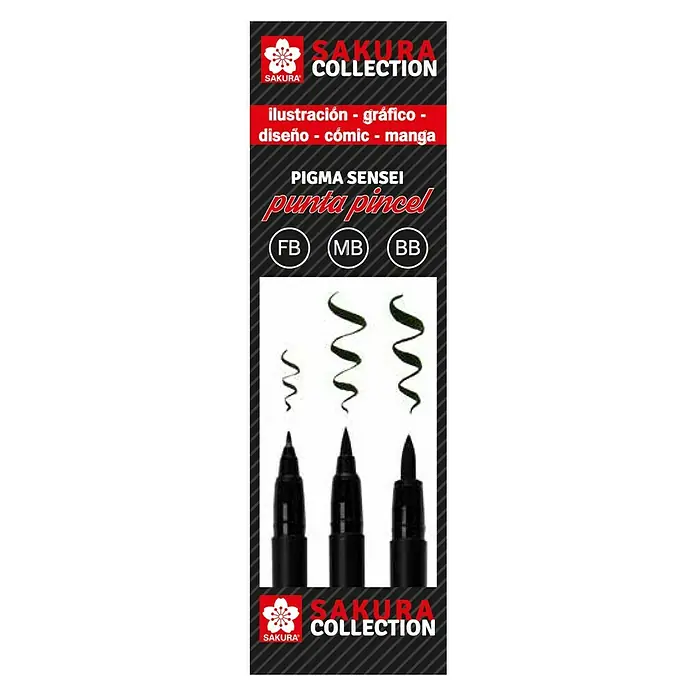 Talens Sakura Set de marcadores de efecto lacado Pigma Brush - 3 ud., Negro - Un paquete de plumas de pincel Sakura Pigma Sensei en diferentes tamaños, ideales para ilustración, diseño gráfico, cómics y manga.