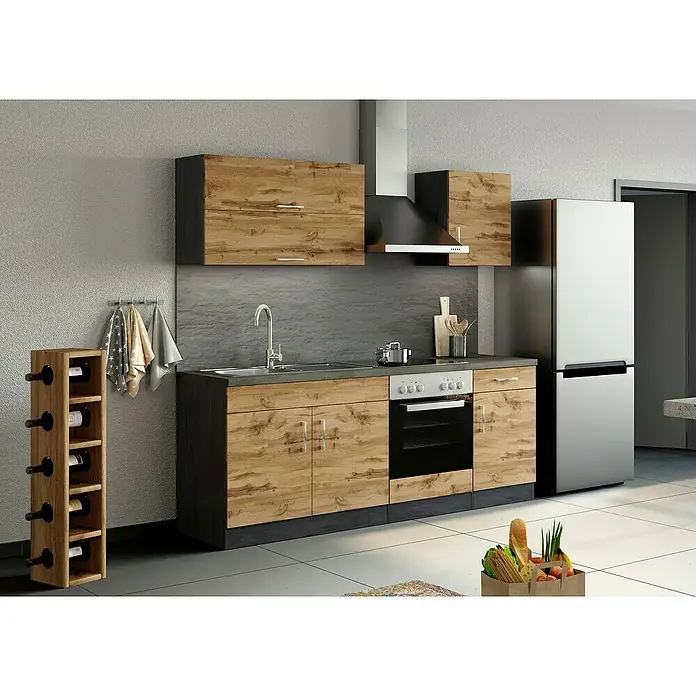 Held Möbel Küchenzeile Barolo Typ 1 - Breite: 210 cm, Wotaneiche, Farbe Korpus: Graphitgrau, Mit Elektrogeräten - Moderne Küche mit Holzfronten, Edelstahlgeräten und Weinregal. Der Raum wirkt einladend und funktional.