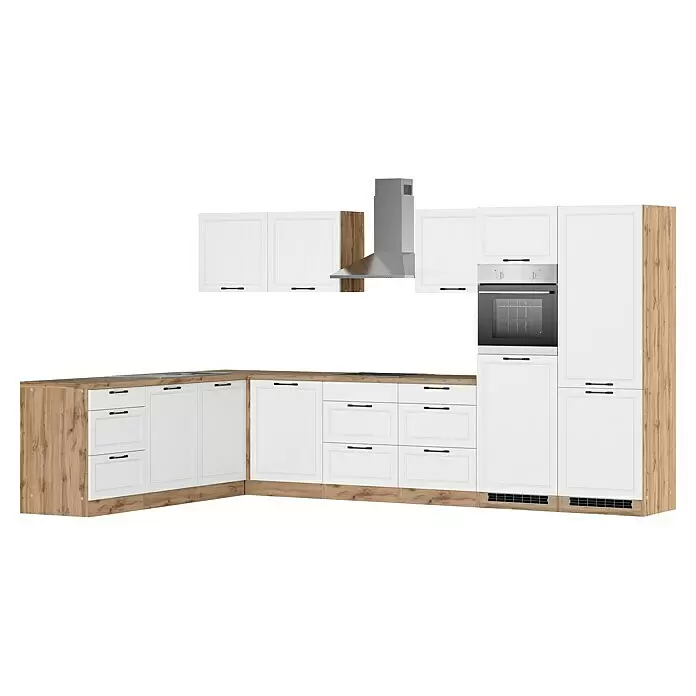 Held Möbel Winkelküche Padua Typ 2 - B x T: 360 x 240 cm, Weiß, Mit Elektrogeräten, Cerankochfeld - L-förmige Küchenzeile mit weißen Schranktüren und hellen Holzplatten, inklusive Ofen und Dunstabzugshaube.