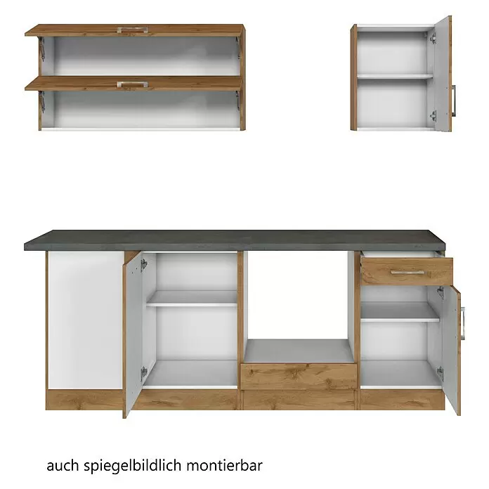 Held Möbel Küchenleerblock Barolo Typ 2 - 210 x 210 cm, Wotaneiche, Farbe Korpus: Wotaneiche, Ohne Elektrogeräte - Modulare Küchenschränke in Holzoptik und Weiß mit dunkelgrauer Arbeitsplatte. Enthält Wand- und Unterschränke, spiegelbildlich montierbar.
