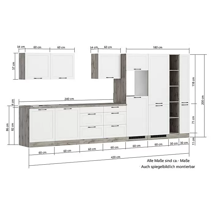 Held Möbel Küchenleerblock Padua - Breite: 420 cm, Farbe Front: Grau, Ohne Elektrogeräte, Für Einbaukühlschrank - Eine modulare Küchenzeile mit weißen Fronten, Arbeitsplatte und Seitenwänden in Holzoptik. Sie umfasst Ober-, Unter- und Hochschränke.