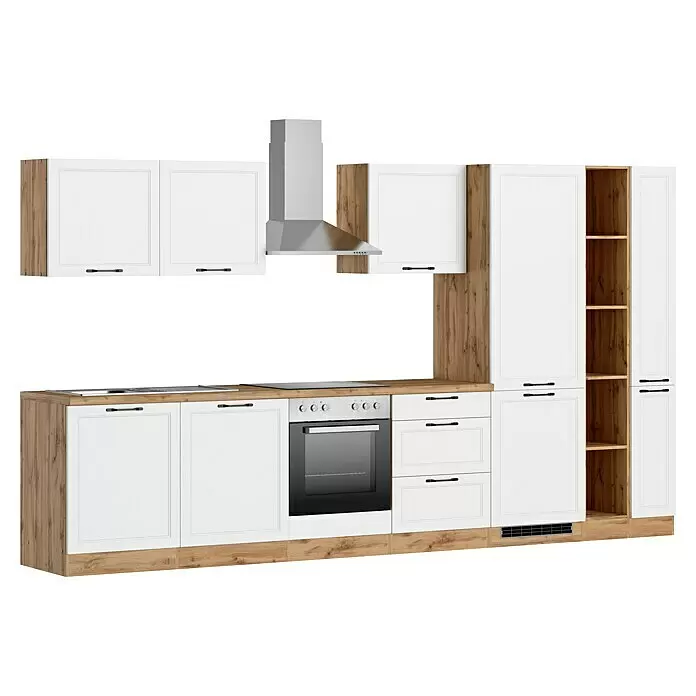 Held Möbel Küchenzeile Padua Typ 3 - Breite: 360 cm, Weiß, Mit Elektrogeräten - Weiße und helle Holzküche mit Backofen, Kochfeld und Dunstabzugshaube, offenen Regalen und Schränken.