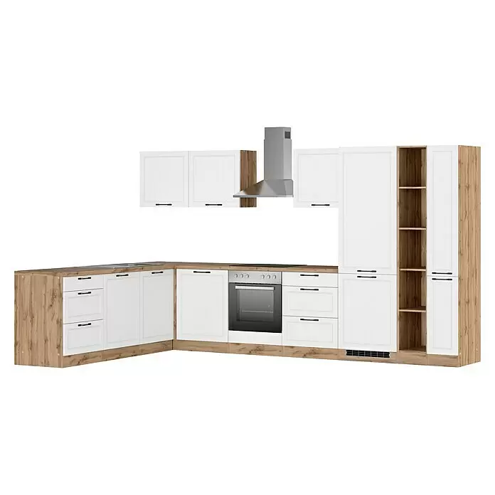 Held Möbel Winkelküche Padua Typ 3 - B x T: 360 x 240 cm, Weiß, Mit Elektrogeräten - L-förmige Küchenzeile mit weißen Schränken und hellen Eicheneffekt-Elementen, inklusive Backofen, Kochfeld, Spüle und Dunstabzugshaube.
