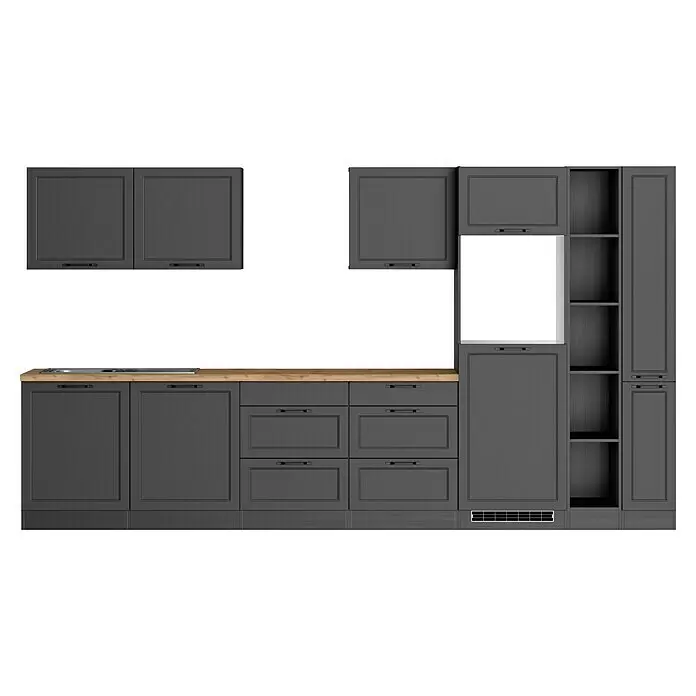 Held Möbel Küchenleerblock Padua - Breite: 360 cm, Grau, Ohne Elektrogeräte - Graue Küchenzeile mit Holz-Arbeitsplatte, Schränken, Schubladen und offenen Regalen.
