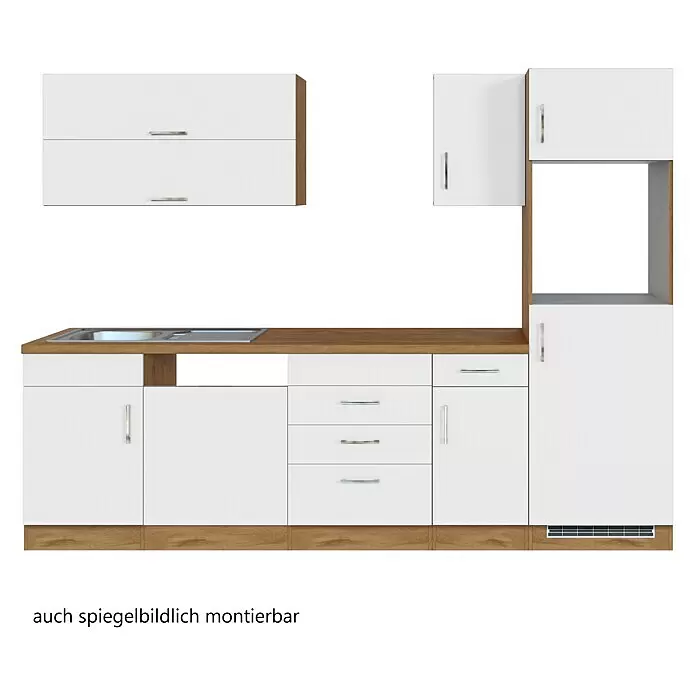 Held Möbel Küchenleerblock Barolo - Breite: 270 cm, Weiß, Farbe Korpus: Wotaneiche, Ohne Elektrogeräte - Weiße Küchenzeile mit Holz-Arbeitsplatte, Spüle und Gerätefach.