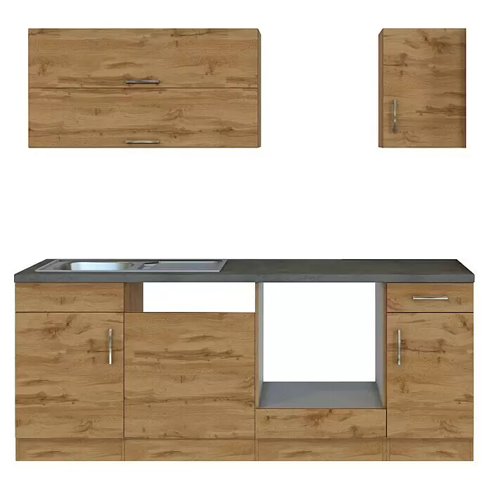 Held Möbel Küchenleerblock Barolo Typ 2 - Breite: 210 cm, Wotaneiche, Farbe Korpus: Wotaneiche, Ohne Elektrogeräte - Helle Holzküchenzeile mit grauer Arbeitsplatte und integriertem Spülbecken.