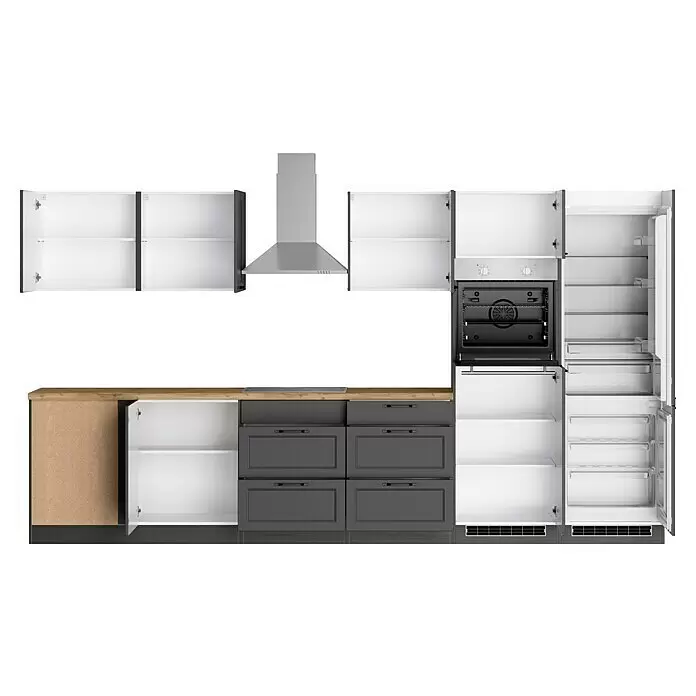 Held Möbel Winkelküche Padua Typ 2 - B x T: 360 x 240 cm, Grau, Mit Elektrogeräten, Cerankochfeld - Moderne Küchenzeile mit offenen weißen Oberschränken, grauen Unterschränken, Holztheke, Edelstahlofen, Dunstabzugshaube und offenem Kühlschrank.