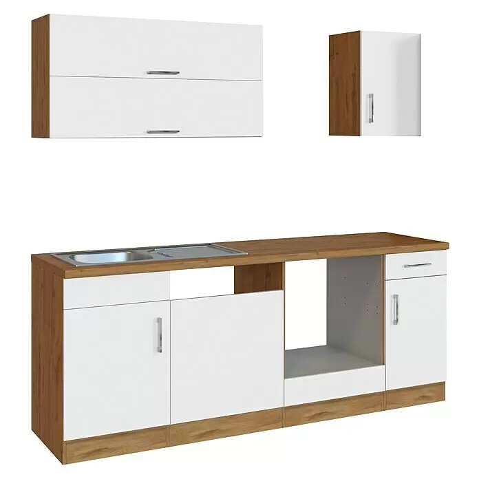 Held Möbel Küchenleerblock Barolo Typ 2 - Breite: 210 cm, Weiß, Farbe Korpus: Wotaneiche, Ohne Elektrogeräte - Zweiteilige Küchenzeile in Weiß und Holzoptik, bestehend aus Oberschrank und Unterschrank mit integrierter Spüle.
