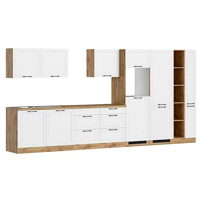 Held Möbel Küchenleerblock Padua - Breite: 420 cm, Farbe Front: Weiß, Ohne Elektrogeräte, Für Einbaukühlschrank - Moderne Küchenzeile mit weißen Türen, hellen Holzdetails, Arbeitsplatte und offenen Regalen.