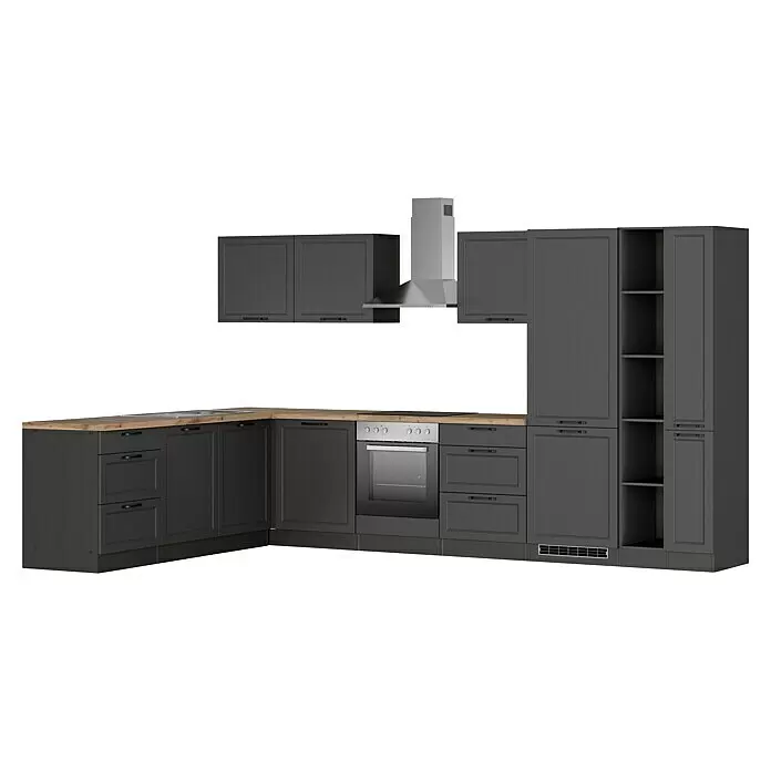 Held Möbel Winkelküche Padua Typ 3 - B x T: 360 x 240 cm, Grau, Mit Elektrogeräten - Graphitgraue L-Küche mit Holzarbeitsplatten, Backofen, Kochfeld, Spüle, Dunstabzugshaube, Schränken und offenen Regalen.