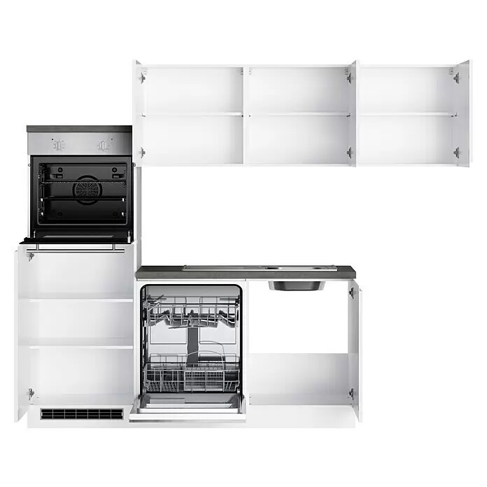 Held Möbel Winkelküche Treviso Typ 1 - B x T: 240 x 240 cm, Weiß, Dekor Arbeitsplatte: Betonoptik, Cerankochfeld, Mit Elektrogeräten - Moderne Küchenzeile mit Einbauherd, offener Spülmaschine und Spüle, weiße Schränke und dunkle Arbeitsplatte.