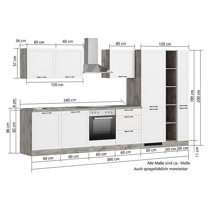 Held Möbel Küchenzeile Padua Typ 3 - Breite: 360 cm, Weiß, Mit Elektrogeräten - Weiße Einbauküche im Holzdekor mit integrierten Geräten wie Backofen, Kochfeld und Dunstabzugshaube.