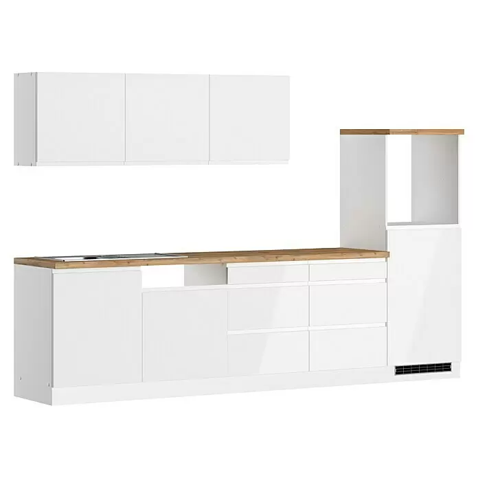 Held Möbel Küchenleerblock Treviso Typ 2 - Breite: 300 cm, Weiß, Farbe Arbeitsplatte: Wotaneiche, Ohne Elektrogeräte - Moderne weiße Küche mit Holztheke, integrierter Spüle und Geräteschrank. Sie verfügt über Ober- und Unterschränke.