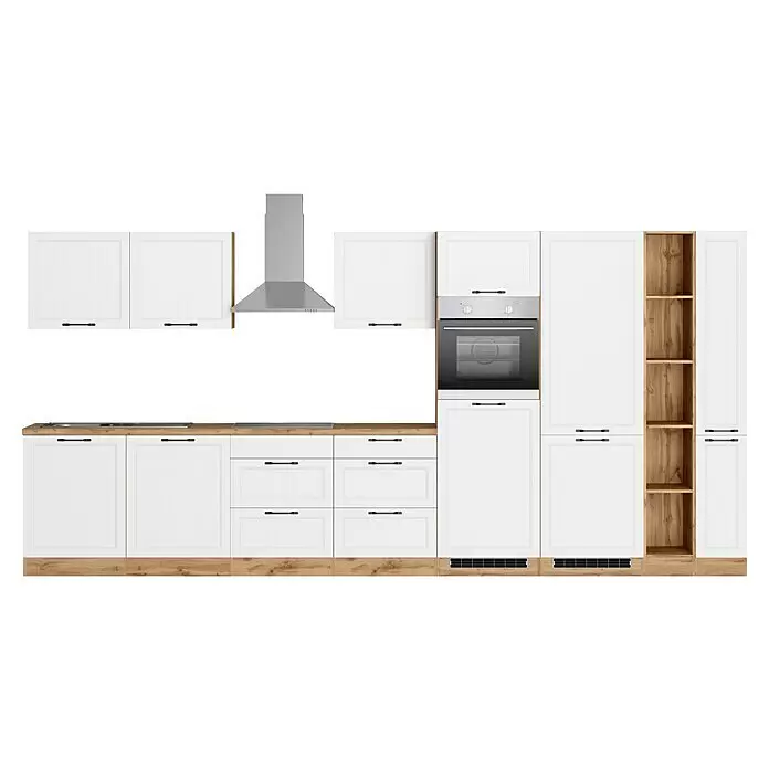 Held Möbel Küchenzeile Padua Typ 2 - Breite: 420 cm, Weiß, Mit Elektrogeräten, Cerankochfeld - Weiße Küche mit Holzoptik-Arbeitsplatte und -Sockel, integriertem Backofen, Kochfeld und Edelstahlhaube.