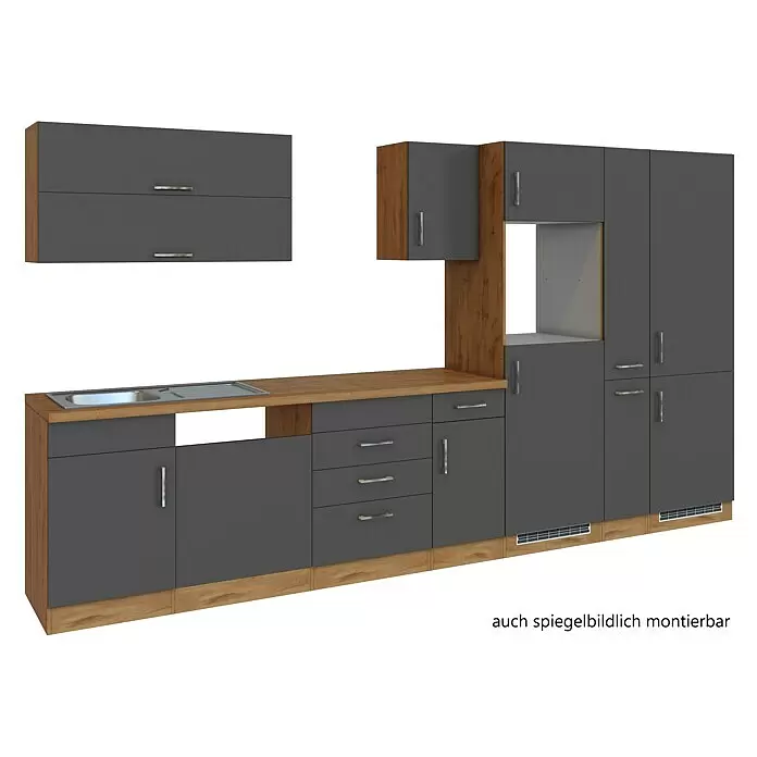 Held Möbel Küchenleerblock Barolo Typ 1 - Breite: 360 cm, Anthrazit, Ohne Elektrogeräte, Wotaneiche - Küchenzeile mit dunkelgrauen Fronten und Holzakzenten, inklusive Spüle, Schubladen, Schränken und Gerätenische.