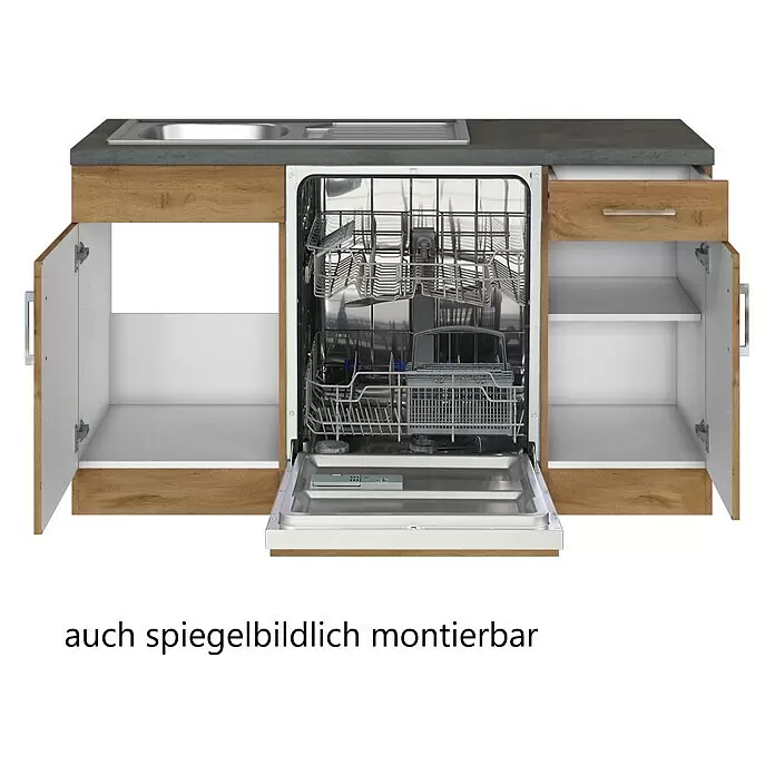 Held Möbel Winkelküche Barolo Typ 3 - B x T: 210 x 210 cm, Wotaneiche, Wotaneiche, Mit Elektrogeräten - Küchenunterschrank mit Holztüren, grauer Arbeitsplatte, integrierter Edelstahlspüle und geöffnetem Geschirrspüler.