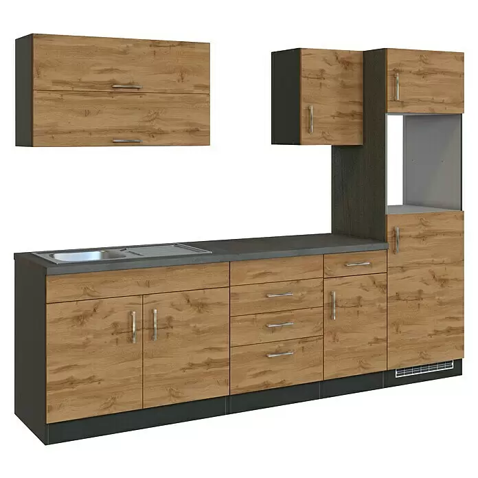 Held Möbel Küchenleerblock Barolo Typ 1 - Breite: 270 cm, Wotaneiche, Farbe Korpus: Graphitgrau, Ohne Elektrogeräte - Moderne Einbauküche mit Holzoptik-Schränken, dunkelgrauer Arbeitsplatte, Spüle, Oberschränken und Gerätenische.