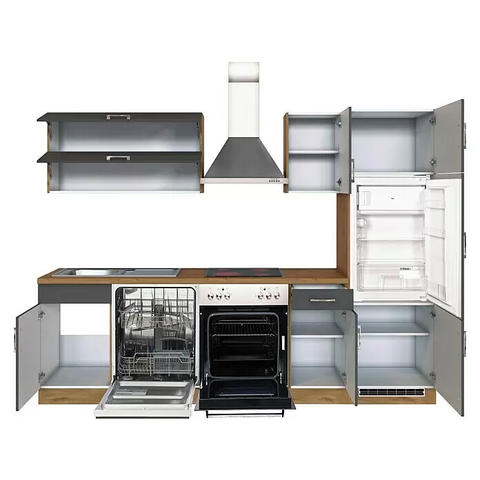 Held Möbel Küchenleerblock Barolo Typ 4 - Breite: 270 cm, Anthrazit, Ohne Elektrogeräte, Farbe Korpus: Wotaneiche - Modulare Küchenzeile: graue Schränke, Holz-Akzente, Edelstahl-Geräte. Mit offenem Geschirrspüler, Backofen, Kühlschrank, Spüle, Kochfeld und Dunstabzugshaube.