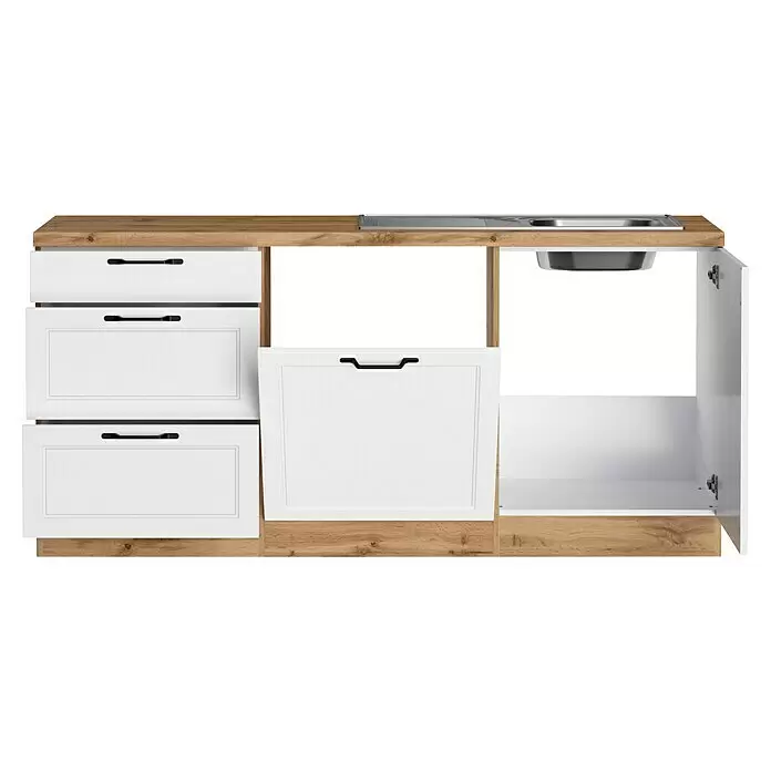 Held Möbel Küchenleerblock Padua Typ 4 - Breite: 360 cm, Weiß, Ohne Elektrogeräte - Modulare Küchenzeile mit heller Holz-Arbeitsplatte, Edelstahlspüle, weißen Schubladen, teils geöffnetem Auszug und offener Schranktür.