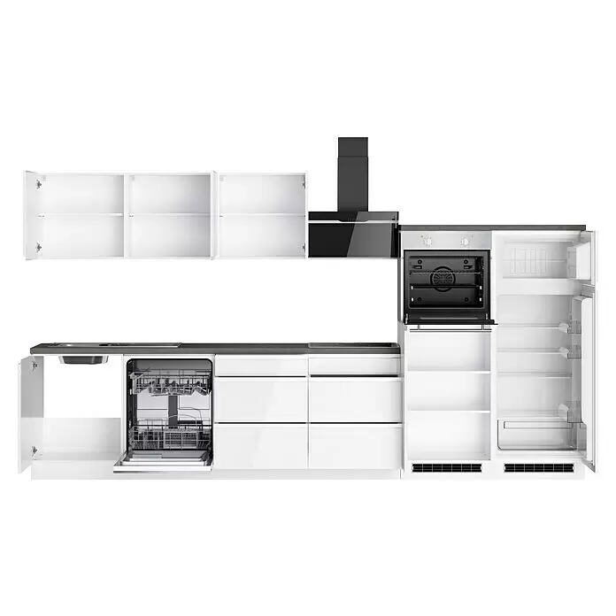 Held Möbel Küchenzeile Treviso Typ 2 - Breite: 360 cm, Weiß, Dekor Arbeitsplatte: Betonoptik, Induktionskochfeld, Mit Elektrogeräten - Moderne weiße Küchenzeile mit dunkelgrauer Arbeitsplatte, Spüle, offenem Geschirrspüler, Kochfeld, Dunstabzug, offenem Backofen und offenem Kühlschrank.