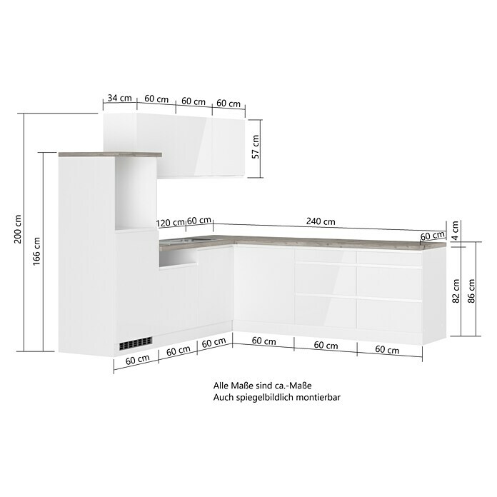 Held Möbel Küchenleerblock Treviso (L x B: 240 x 240 cm, Weiß, Dekor Arbeitsplatte: Betonoptik, Ohne Elektrogeräte) | BAUHAUS