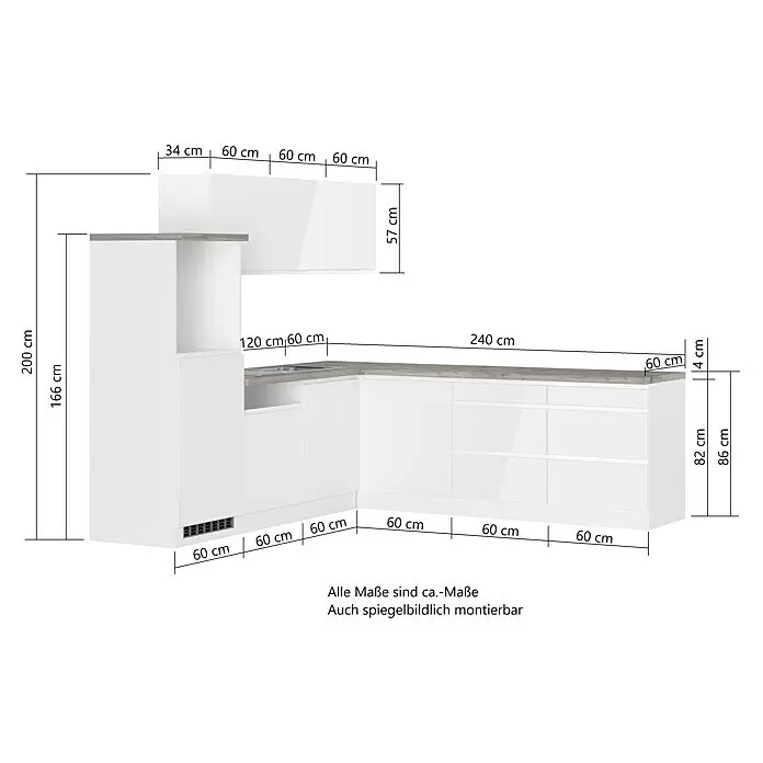 Held Möbel Küchenleerblock Treviso - L x B: 240 x 240 cm, Weiß, Dekor Arbeitsplatte: Betonoptik, Ohne Elektrogeräte - Weiße L-förmige Küchenzeile mit Arbeitsplatte in Holzoptik, inklusive Ober- und Unterschränken.