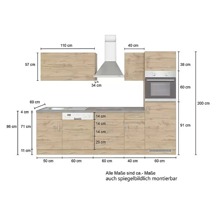 Held Möbel Küchenleerblock Barolo Typ 6 - Breite: 270 cm, Anthrazit, Mit Elektrogeräten, Farbe Korpus: Wotaneiche - L-förmige Küchenzeile mit hellen Holzschränken, grauer Arbeitsplatte, Dunstabzugshaube, Backofen, Kochfeld, Spüle und Geschirrspüler. Detaillierte Maße in cm.