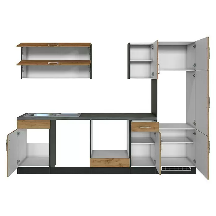 Held Möbel Küchenleerblock Barolo Typ 4 - Breite: 270 cm, Wotaneiche, Farbe Korpus: Graphitgrau, Ohne Elektrogeräte - Modulare Küchenschränke in hellem Holz und Dunkelgrau, mit weißen Innenräumen, zeigen offene Türen, Spüle und Schublade.