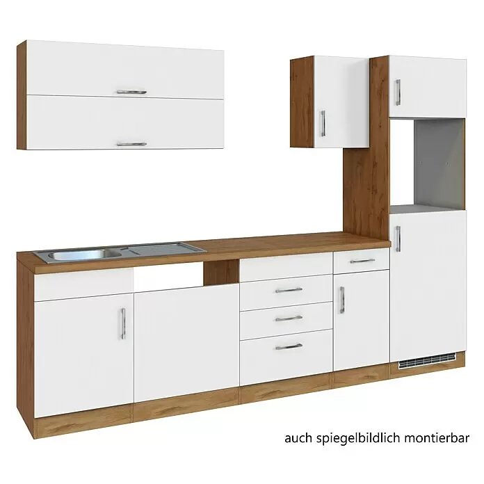 Held Möbel Küchenleerblock Barolo - Breite: 270 cm, Weiß, Farbe Korpus: Wotaneiche, Ohne Elektrogeräte - Modulare Küchenzeile mit weißen Fronten, Holzdekor-Elementen, Spüle, Schubladen und hohem Geräteschrank.