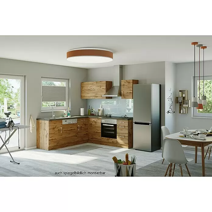 Held Möbel Winkelküche Barolo Typ 5 - B x T: 210 x 270 cm, Wotaneiche, Wotaneiche, Mit Elektrogeräten - Moderne Eckküche mit hellen Holzoptik-Schränken, dunkelgrauen Arbeitsplatten und Edelstahlgeräten im offenen Raum.