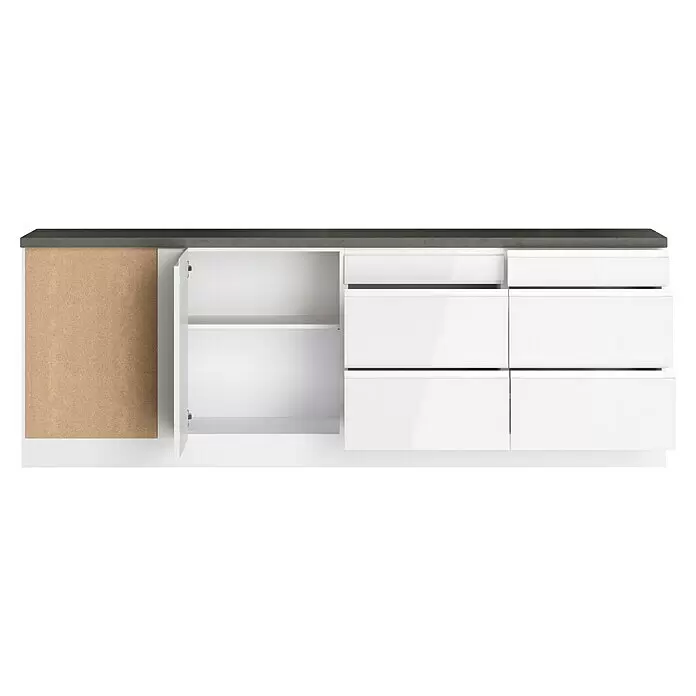 Held Möbel Küchenleerblock Treviso - L x B: 240 x 240 cm, Weiß, Dekor Arbeitsplatte: Betonoptik, Ohne Elektrogeräte - Weißer Küchenunterschrank mit dunkelgrauer Platte, offenes Fach, Regal, drei Schubladen und sichtbarer Seitenplatte.