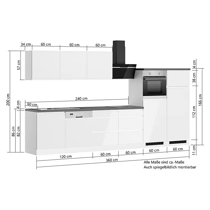 Held Möbel Küchenzeile Treviso Typ 2 - Breite: 360 cm, Weiß, Dekor Arbeitsplatte: Holzoptik, Cerankochfeld, Mit Elektrogeräten - Modulare weiße Küche mit dunkelgrauer Arbeitsplatte, integriertem Backofen und Dunstabzugshaube.