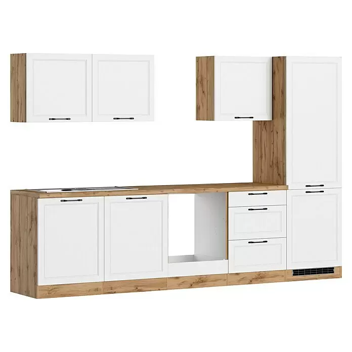 Held Möbel Küchenleerblock Padua - Breite: 300 cm, Weiß, Ohne Elektrogeräte, Für Einbaukühlschrank - Modulare Küche: weiße Schränke, helle Holzplatten & Arbeitsplatte, schwarze Griffe, Kochfeld.