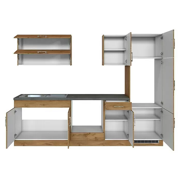 Held Möbel Küchenleerblock Barolo Typ 3 - Breite: 270 cm, Wotaneiche, Farbe Korpus: Wotaneiche, Ohne Elektrogeräte - Modulare Küchenzeile mit hellen Holz- und weißen Schränken, dunkelgrauer Arbeitsplatte und Spülbecken. Mehrere offene Türen zeigen Innenregale.