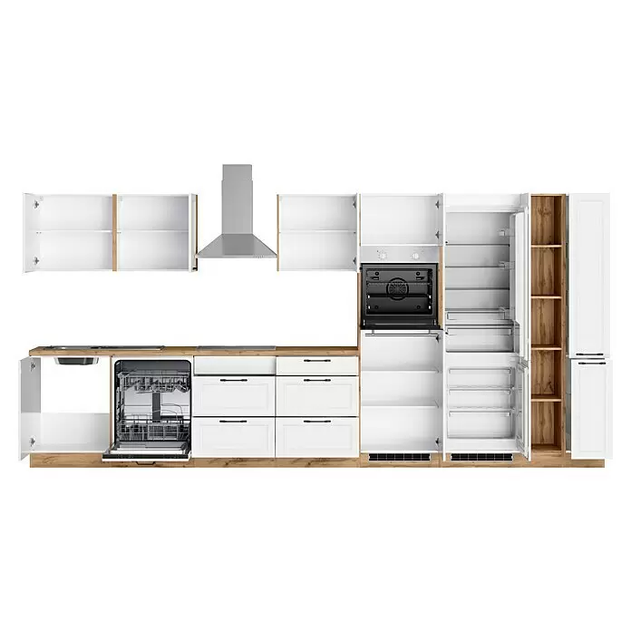 Held Möbel Küchenzeile Padua Typ 2 - Breite: 420 cm, Weiß, Mit Elektrogeräten, Cerankochfeld - Weiße Küche mit hellen Holz-Arbeitsplatten und Akzenten, offenen Schränken, Spülmaschine, Backofen und Kühlschrank.