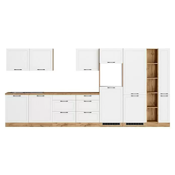 Held Möbel Küchenleerblock Padua - Breite: 420 cm, Farbe Front: Weiß, Ohne Elektrogeräte, Für Einbaukühlschrank - Weiße Küchenschränke mit Holztheke und offenen Regalen.