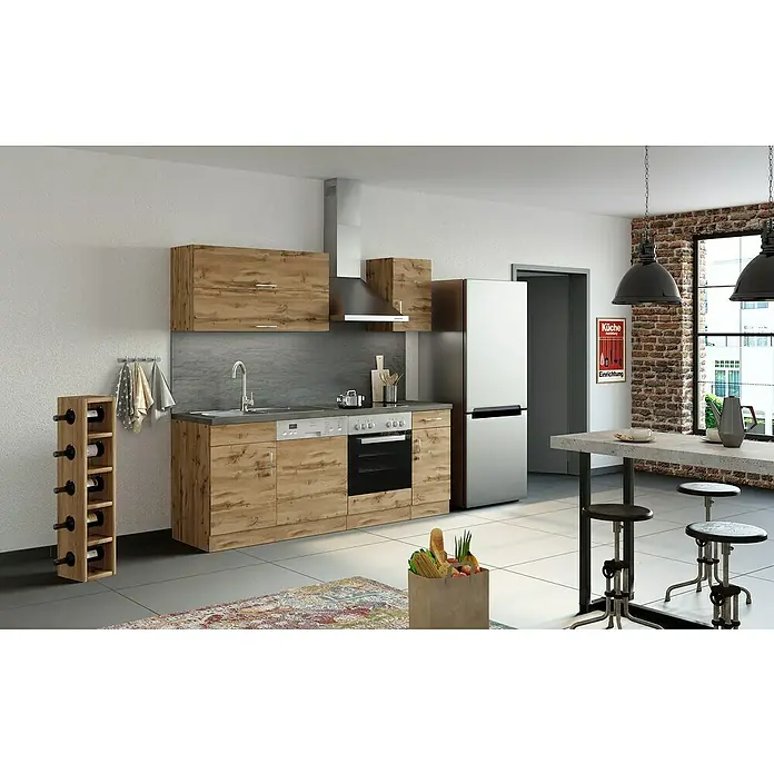 Held Möbel Küchenleerblock Barolo Typ 2 - Breite: 210 cm, Wotaneiche, Farbe Korpus: Wotaneiche, Ohne Elektrogeräte - Eine moderne Küche mit Holzfronten, Edelstahlgeräten und einer Weinregal. Die Küche strahlt Wärme und Funktionalität aus.