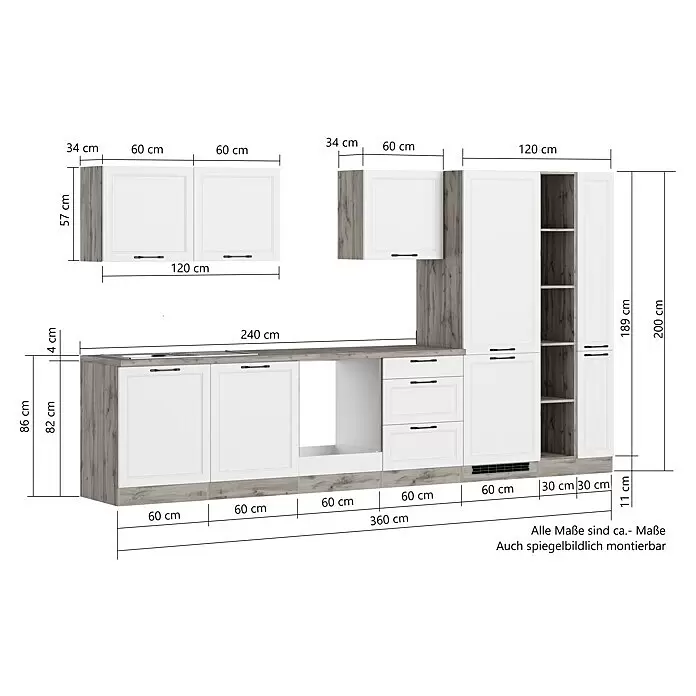 Held Möbel Küchenleerblock Padua - Breite: 360 cm, Grau, Ohne Elektrogeräte, Für Einbaukühlschrank - Modulare Küchenzeile mit weißen Fronten und grauen Holzdekor-Elementen, zeigt verschiedene Einheiten und Maße.