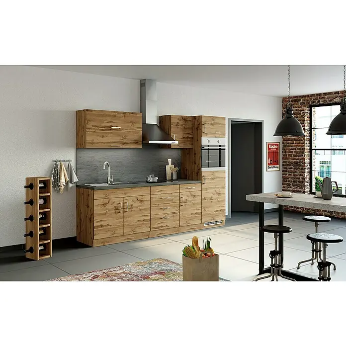 Held Möbel Küchenleerblock Barolo Typ 1 - Breite: 270 cm, Wotaneiche, Farbe Korpus: Graphitgrau, Ohne Elektrogeräte - Einbauküche mit Holzfronten und Arbeitsplatte in Grau. Die Küche verfügt über einen Weinständer, einen Herd und eine Dunstabzugshaube.