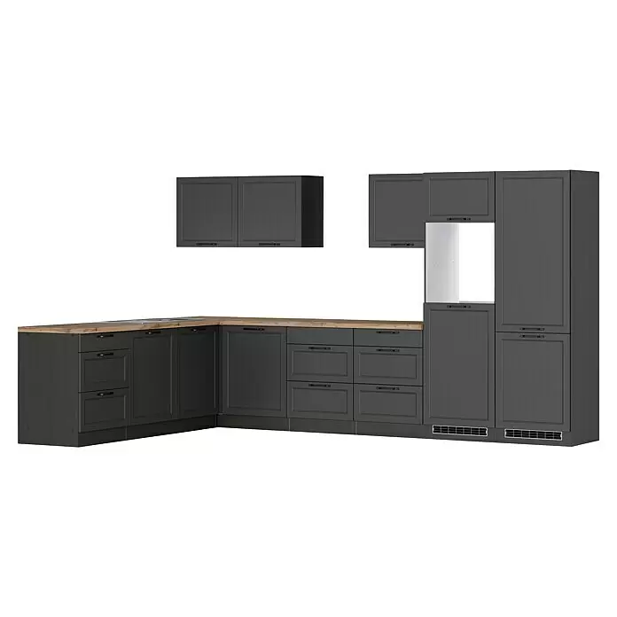 Held Möbel Küchenleerblock Padua Typ 1 - 240 x 360 cm, Grau, Ohne Elektrogeräte - L-förmige dunkelgraue Küche mit Holz-Arbeitsplatte, Ober- und Unterschränken sowie Platz für ein Einbaugerät.