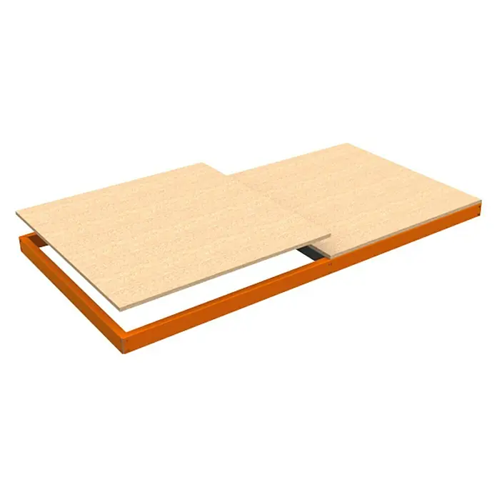 Simonrack Simonforte Estante adicional Chipboard SB - L x An: 150 x 45 cm, Naranja - Vista del producto de un nivel de estantería con tablero de madera sobre marco metálico naranja. Ideal para almacenamiento.
