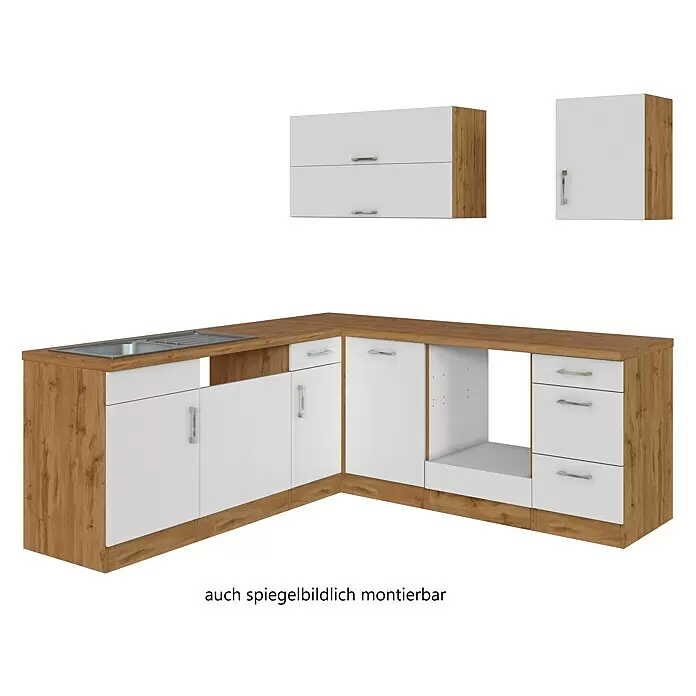 Held Möbel Küchenleerblock Barolo Typ 2 - 210 x 210 cm, Weiß, Farbe Korpus: Wotaneiche, Ohne Elektrogeräte - Eckküchenzeile mit Spüle, weißen Fronten und Holzoptik-Arbeitsplatte/Seiten, dazu passende Hängeschränke.