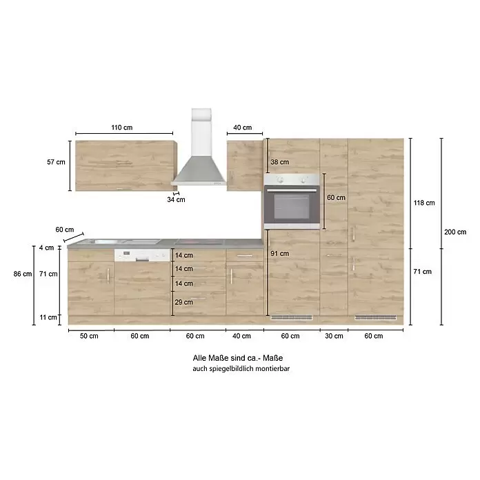 Held Möbel Küchenzeile Barolo Typ 8 - Breite: 360 cm, Wotaneiche, Farbe Korpus: Wotaneiche, Mit Elektrogeräten - Modulare Küche mit hellen Holzschränken, grauer Arbeitsplatte und integrierten Geräten. Detaillierte Maße der Einheiten sind angegeben.