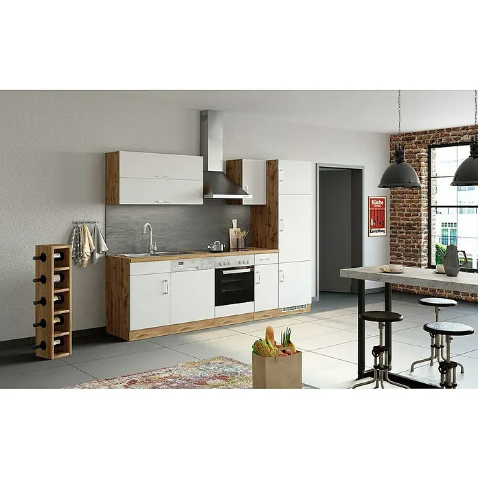 Held Möbel Küchenleerblock Barolo Typ 4 - Breite: 270 cm, Weiß, Farbe Korpus: Wotaneiche, Ohne Elektrogeräte - Helle Küche mit modernen weißen Schränken, hölzernen Arbeitsplatten und einem Weinregal. Die Küche ist stilvoll und funktional gestaltet.