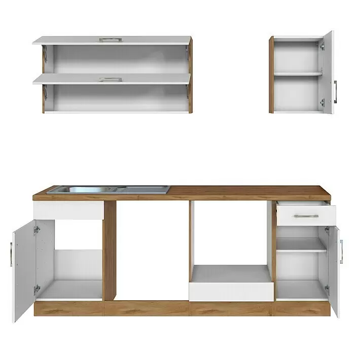 Held Möbel Küchenleerblock Barolo Typ 2 - Breite: 210 cm, Weiß, Farbe Korpus: Wotaneiche, Ohne Elektrogeräte - Weiße und holzfarbene Küchenzeile mit Spüle, Schubladen und offenen Hängeschränken für Stauraum.