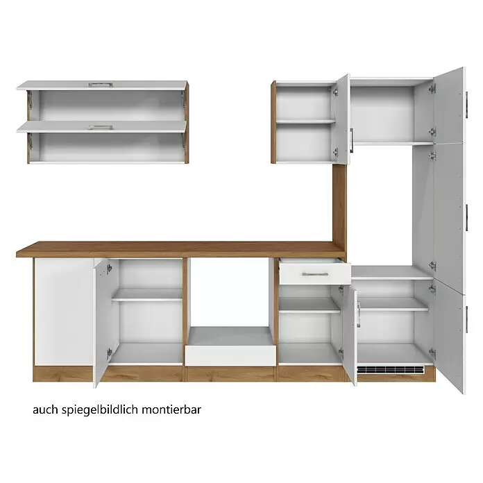 Held Möbel Winkelküche Barolo Typ 7 - B x T: 270 x 210 cm, Farbe Front: Weiß, Wotaneiche, Ohne Elektrogeräte - Modulare Möbelkombination in Weiß und Holzoptik mit offenen Schränken, Regalen und einer Schublade, spiegelbildlich montierbar.